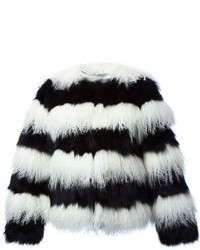 Manteau de fourrure à rayures horizontales blanc et noir Alice + Olivia