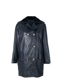 Manteau en cuir bleu marine Versace Vintage