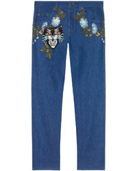 Pantalon brodé bleu Gucci