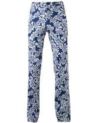 Pantalon chino à fleurs blanc et bleu