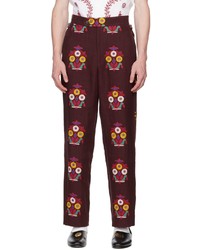 Pantalon chino en lin à fleurs bordeaux