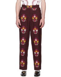 Pantalon chino en lin à fleurs bordeaux Bode