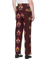 Pantalon chino en lin à fleurs bordeaux Bode