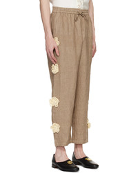 Pantalon chino en lin à fleurs marron clair HARAGO