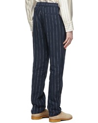 Pantalon chino en lin à rayures verticales bleu marine Ring Jacket