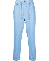 Pantalon chino en lin brodé bleu clair