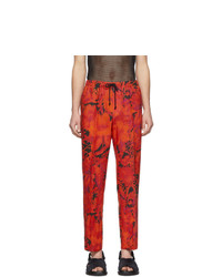 Pantalon chino en lin imprimé rouge et noir Dries Van Noten
