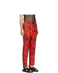 Pantalon chino en lin imprimé rouge et noir Dries Van Noten