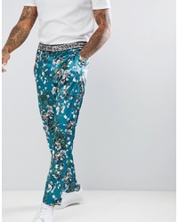 Pantalon de costume à fleurs bleu canard