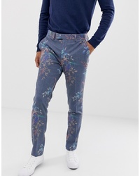 Pantalon de costume en laine à fleurs bleu