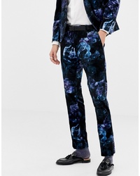 Pantalon de costume en velours à fleurs bleu marine