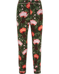 Pantalon en soie à fleurs vert foncé