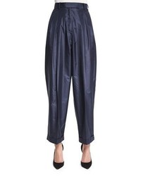Pantalon en soie plissé bleu marine