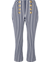 Pantalon flare à rayures verticales bleu marine et blanc