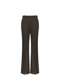 Pantalon flare en laine à rayures verticales marron foncé