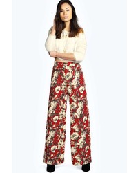 Pantalon large à fleurs bordeaux