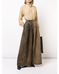 Pantalon large en lin à fleurs marron Uma Wang