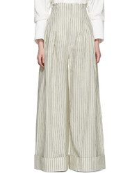 Pantalon large en lin à rayures verticales blanc