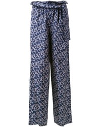 Pantalon large en soie imprimé bleu marine