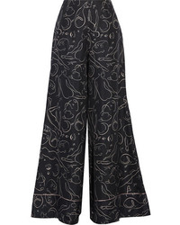 Pantalon large en soie imprimé noir Roksanda