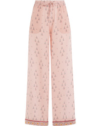 Pantalon large en soie imprimé rose