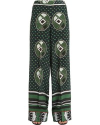 Pantalon large en soie imprimé vert foncé