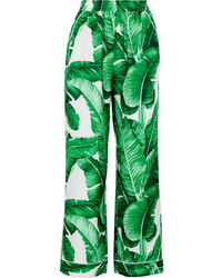 Pantalon large en soie imprimé vert