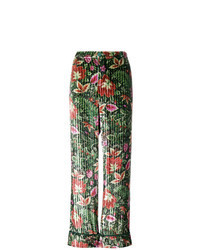 Pantalon large en velours à fleurs vert