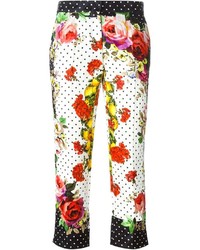 Pantalon slim à fleurs blanc et rouge Dolce & Gabbana