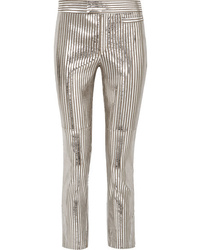 Pantalon slim en cuir à rayures verticales argenté