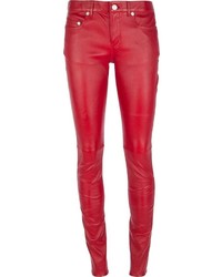 Pantalon slim en cuir rouge Saint Laurent