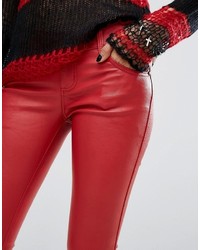 Pantalon slim en cuir rouge