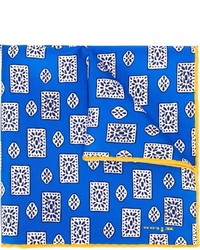 Pochette de costume en soie géométrique bleue Kiton