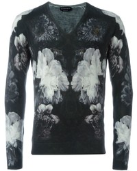 Pull à col en v à fleurs noir