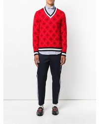 Pull à col en v à losanges rouge Gucci