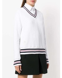 Pull à col en v à rayures horizontales blanc Thom Browne