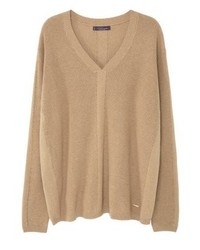 Pull à col en v marron clair Mango
