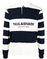 Pull à col polo à rayures horizontales blanc et bleu marine Paul & Shark