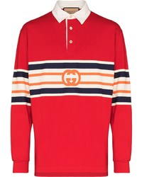 Pull à col polo à rayures horizontales rouge Gucci