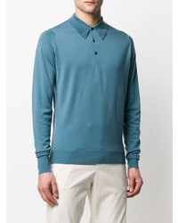 Pull à col polo bleu John Smedley