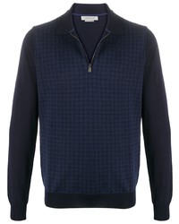 Pull à col polo en laine à carreaux bleu marine