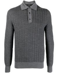 Pull à col polo en laine à motif zigzag gris foncé