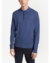 Pull à col polo en laine bleu Zegna