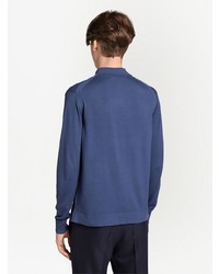 Pull à col polo en laine bleu Zegna