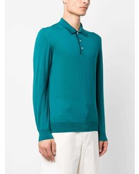 Pull à col polo en laine turquoise Moorer