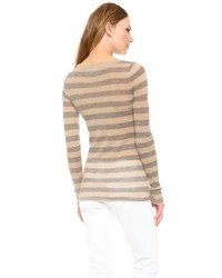Pull à col rond à rayures horizontales beige Enza Costa