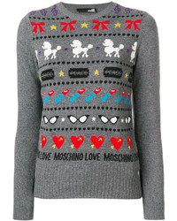 Pull à col rond à rayures horizontales gris Love Moschino