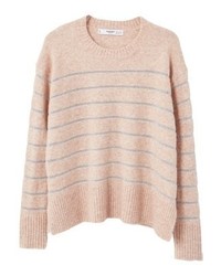 Pull à col rond à rayures horizontales rose Mango