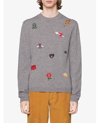 Pull à col rond brodé gris Gucci