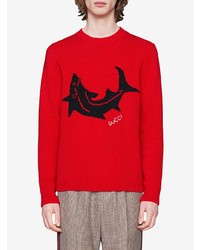 Pull à col rond brodé rouge Gucci